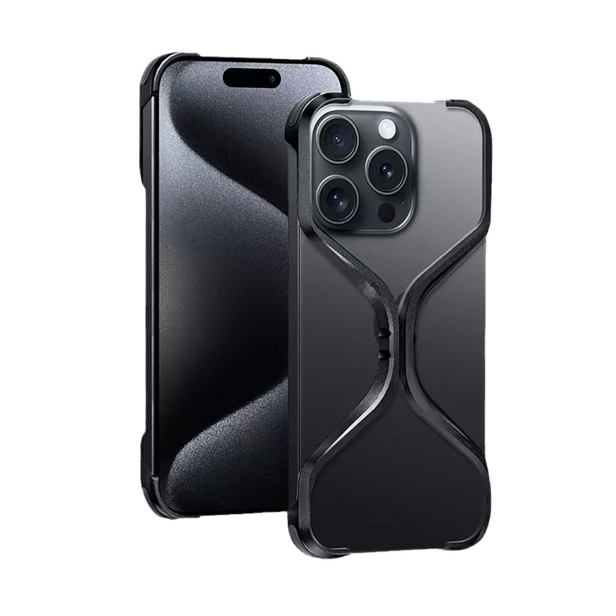 iPhone 15 Pro Max X Shape Metal Case Premium Metal Luxury Aluminum Rimless Case - Black